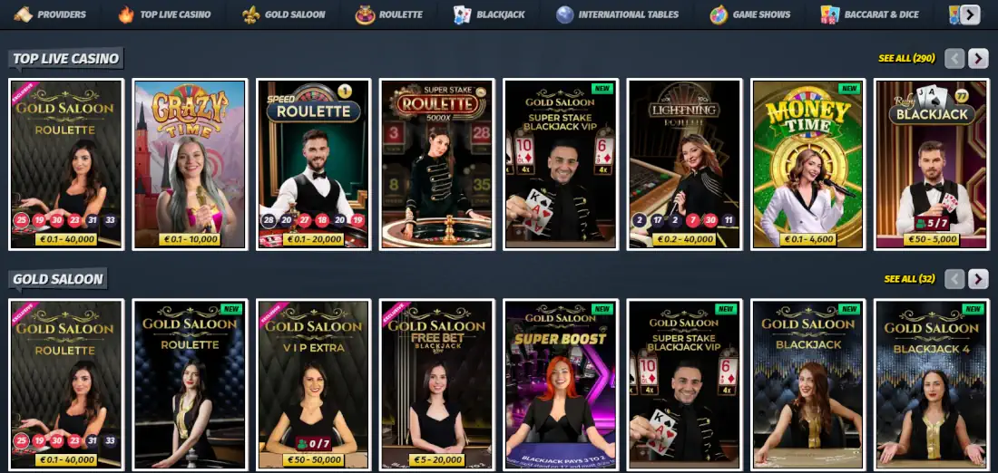 Juegos de casino con crupier en vivo de AllySpin y sala de juegos de mesa.